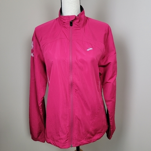 Brooks Floral Pink Magenta Shelter Technology Running Windbreaker Jacket Sz L - Picture 1 of 15